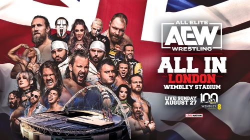 A promotional graphic for AEW's All In event in London.