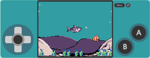 Screengrab shows a teal handheld gaming device with a screen. screen shows an ocean scene with one great white shark facing right and one clownfish swimming left towards shark.