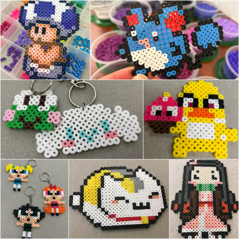 Collage of pixel art projects made out of perler beads