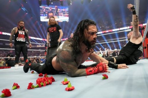 A man lies on his stomach surrounded by flowers.