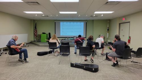 A group of guitar students working on guitar exercises 