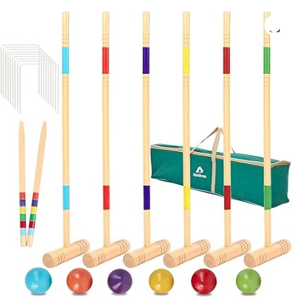 Croquet Set of six with wood clubs with different colored stripe on each club