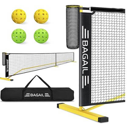 Portable Pickleball Net Set in black with yellow and green balls