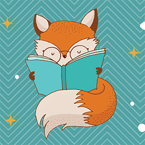 Cartoon fox reading a book on a teal background. 