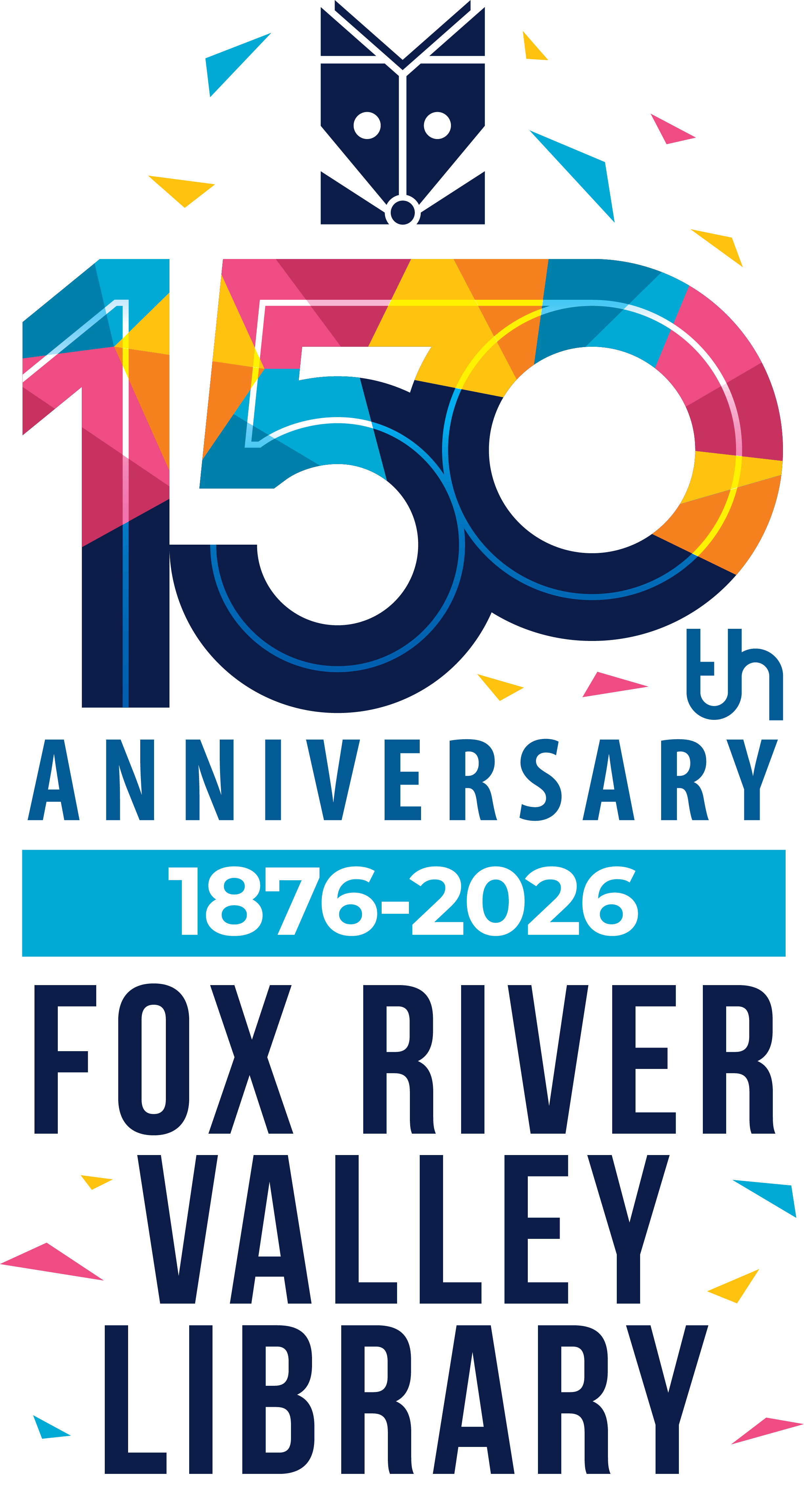 150th anniversary library logo in pink, blues, and yellow.