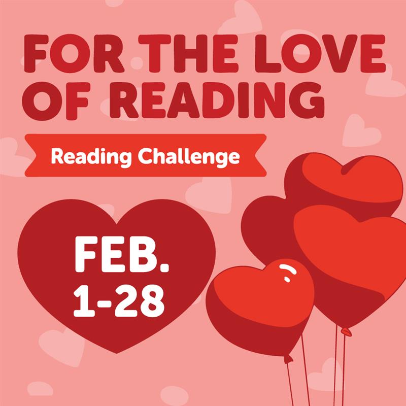 2026 For the Love of Reading Challenge with pink background and red hearts in foreground. 