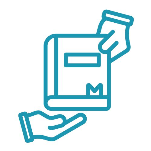 Book borrowing icon in teal with hands passing a book in line art style.