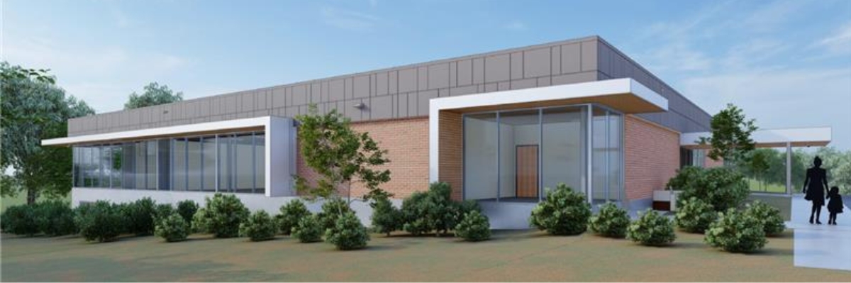 Artist rendering of the Dundee Library construction with updated window, window shades, and updated landscaping. 