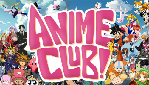 Anime Club graphic with many anime characters around the text