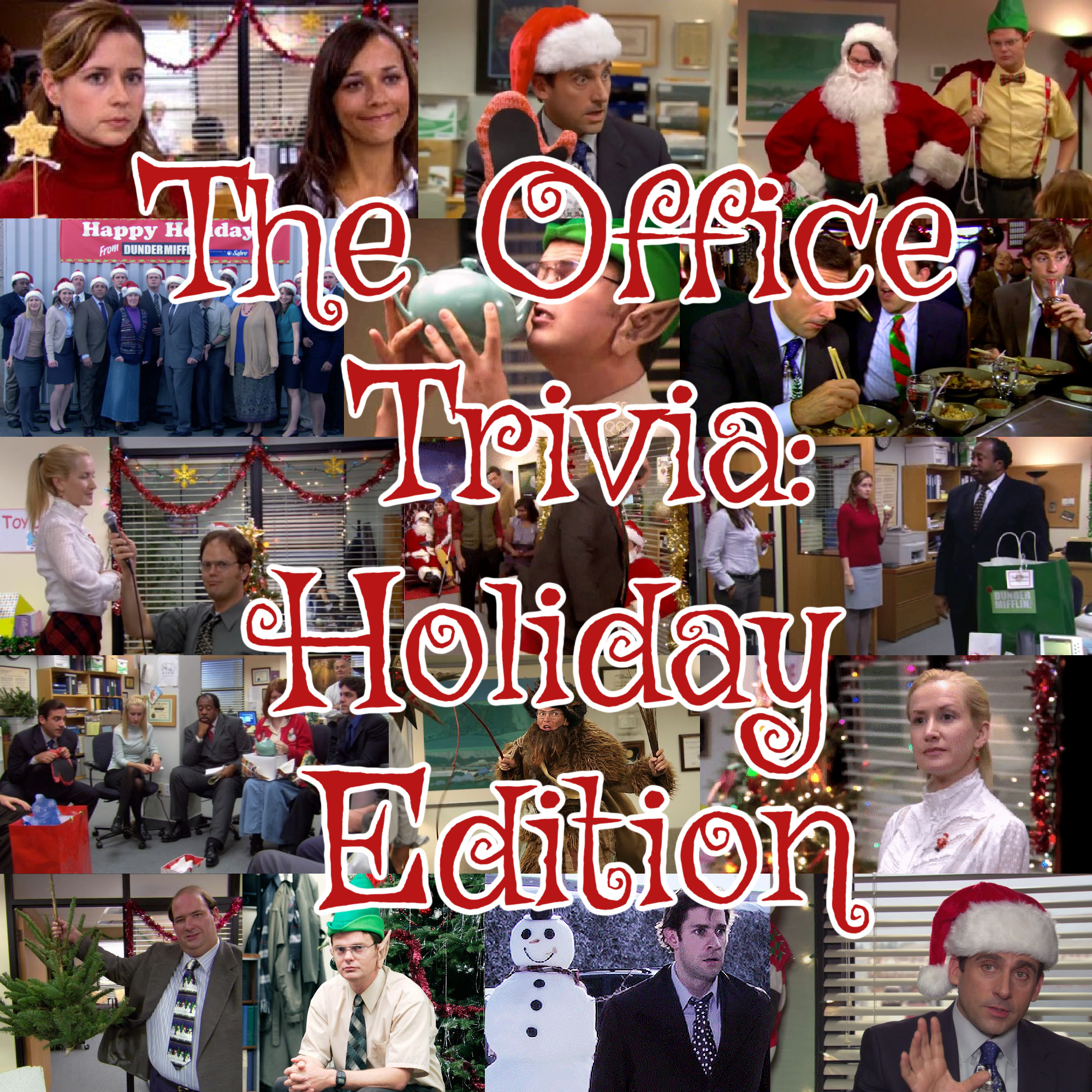 The Office Trivia: Holiday Edition text over collage of photos from Christmas episodes