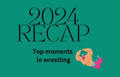 A header image that reads "2024 Recap: Top moments in wrestling." A muscular luchadore dives in the bottom right corner.