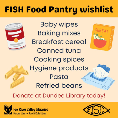 FISH food pantry wish list with yellow background and food icons in foreground.