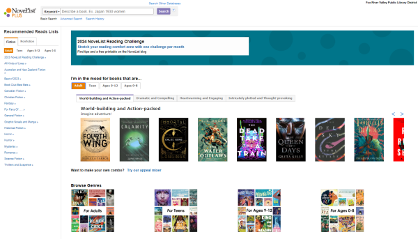 Screenshot of Novelist homepage