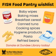FISH food pantry wish list with yellow background and food icons in foreground.