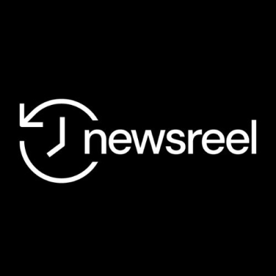Newsreel logo on black background in white text with white simple line art clock. 
