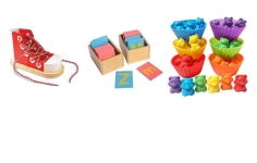 Early Learning Kit sample items, including model shoe for practicing lace-tying, flash cards, and colorful sorting figures