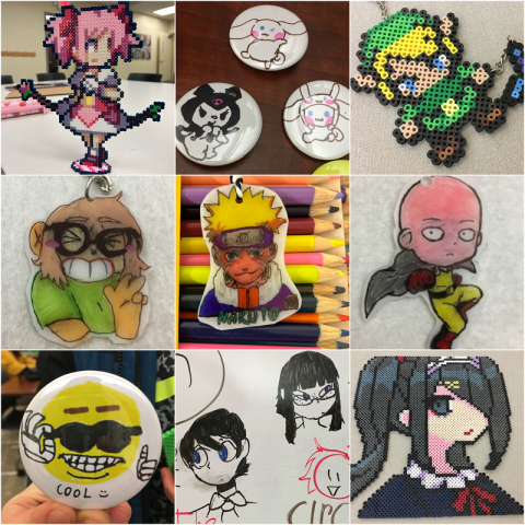 Collage of Pixel art, buttons, shrink charms, Anime Club sketches