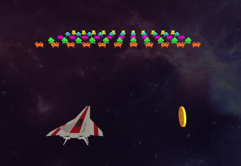 screengrab of a space background with pixel aliens and a grey and red spaceship with a coin to the right.