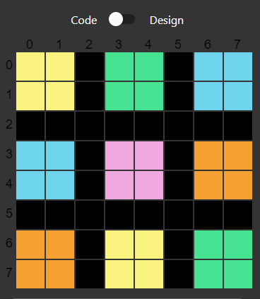 screengrab shows an 8 by 8 grid with 9 2 by 2 boxes in multiple colors.