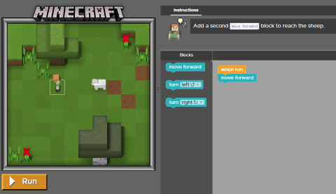 screengrab of Minecraft coding project. left side has a green minecraft sceen with 1 character and 1 sheep. right side has block coding information.
