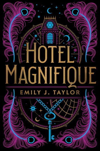 Cover art for Emily J. Taylor's Hotel Magnifique; pictures black cover with purple and blue silhouette of a hotel and featherswith 