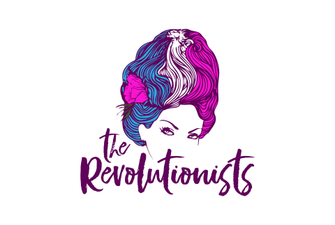 Script reading "The Revolutionists with an image of a woman's face with 18th C. hairstyle in stylized version of French tri-color