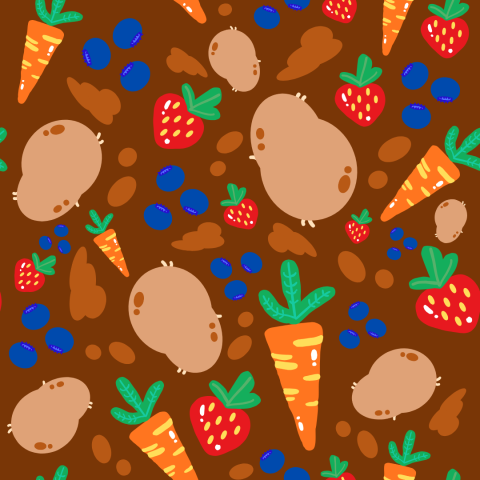 A repeating pattern of fruits and veggies