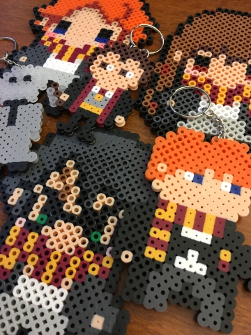 Harry Potter, Voldemort, Ron Weasle, Hermoine Granger, Neville Longbottom key chains made out of perler beads