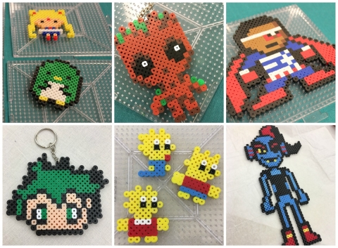 Collage of perler bead pixel art: Sailor Moon, Baby Groot, Falcon, Simpsons
