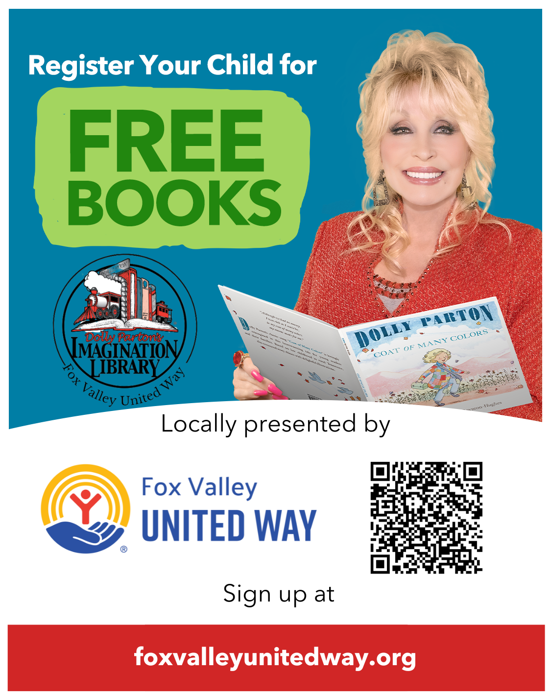 Dolly Parton's Imagination Library, sign up now with the QR code. 
