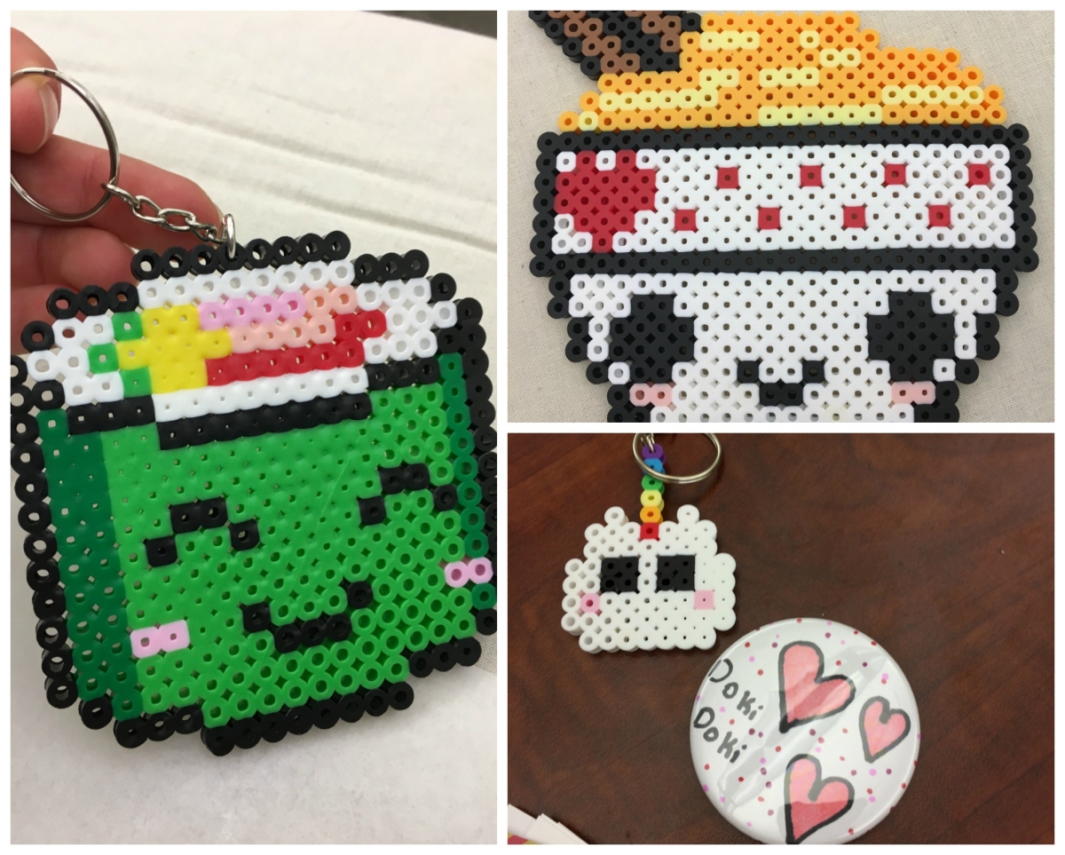 Perler bead sushi key chain, perler bead ramen, and unicorn keychain and Doki Doki button