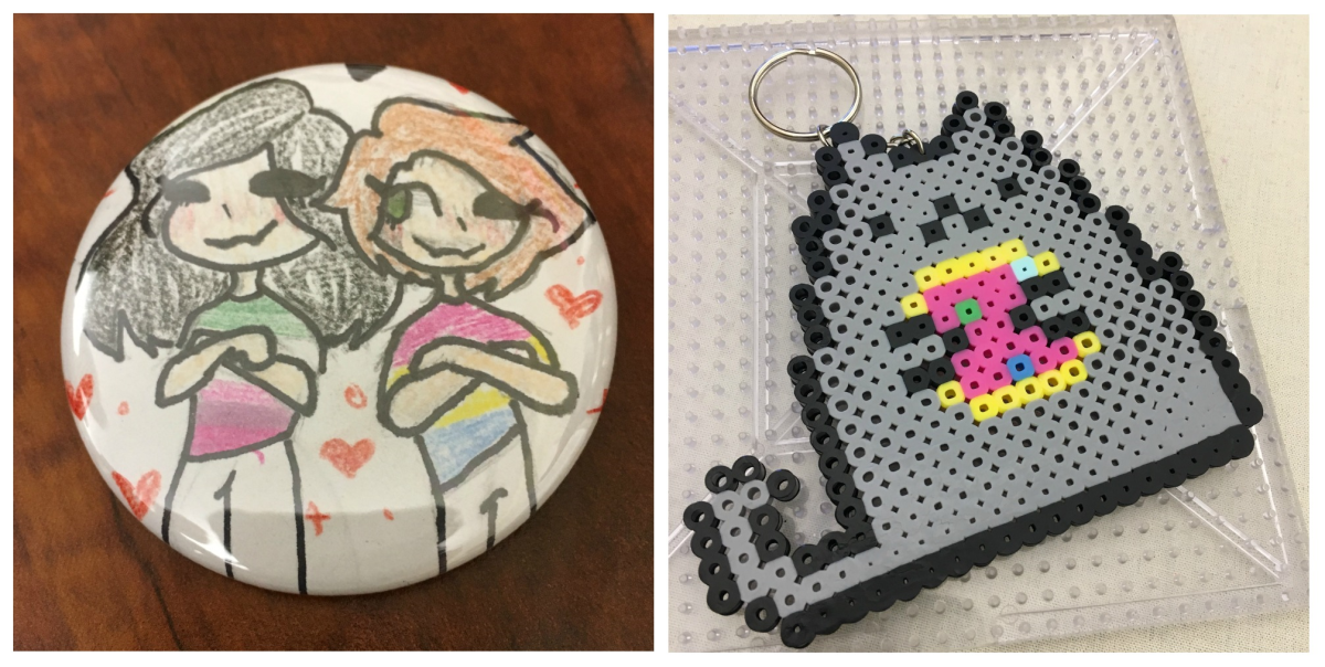 A button and Pusheen pixel art made out of perler beads