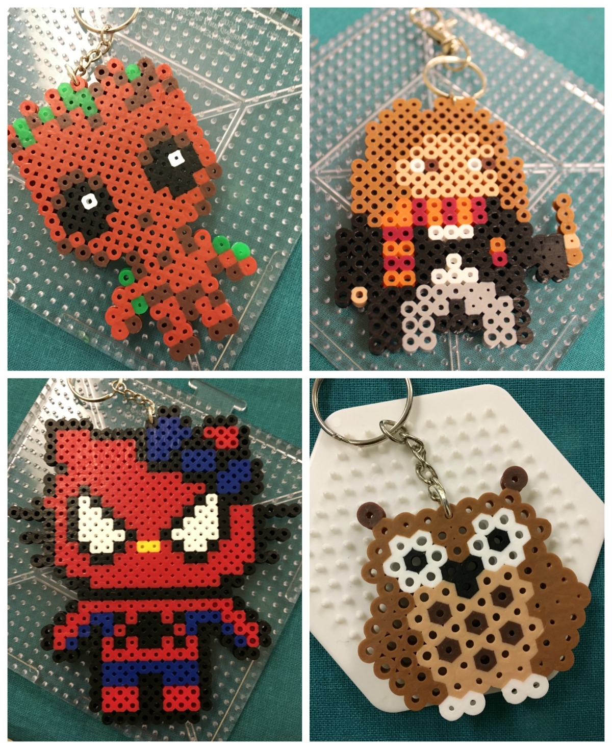 Baby Groot key chain, Hermoine key chain, owl key chain, and Hello Kitty-Spider-Man key chain