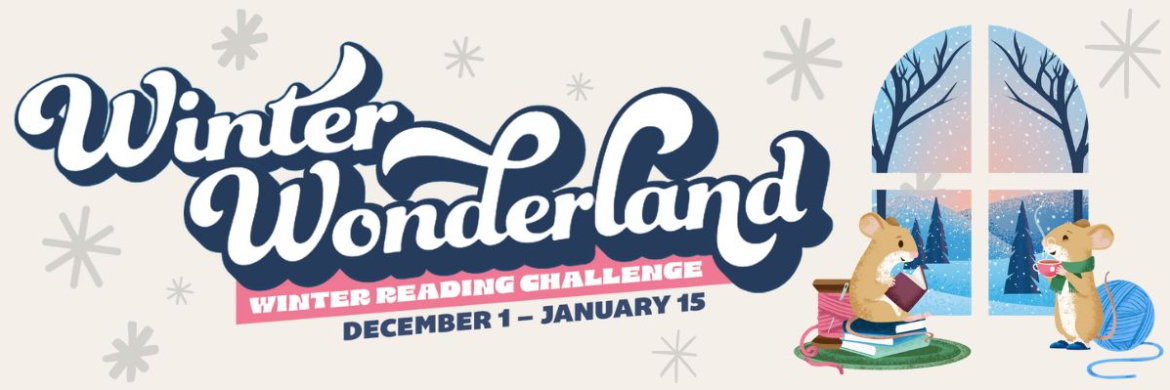 Winter Reading challenge from December 1 through January 15 with cute mice reading and drinking hot coco.