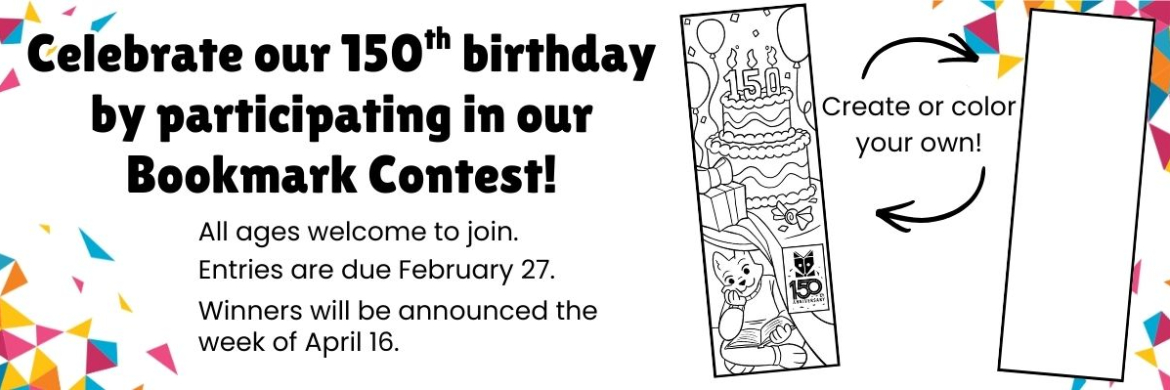 150th anniversary bookmark contest infographic with colorful patterns and white background.