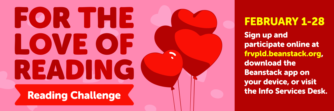 For the Love of Reading February challenge. Pink background with heart balloons in the foreground.