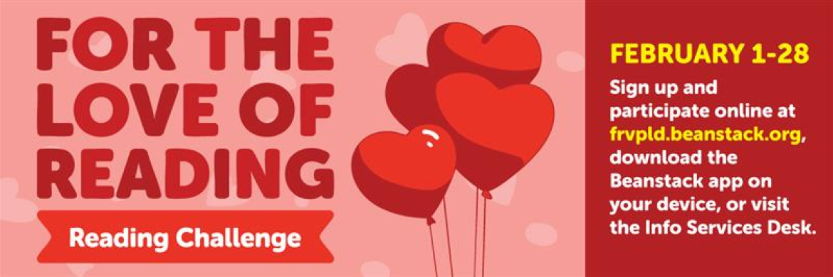 For the Love of Reading Challenge from February 1 through 28 with pink background and hearts in foreground.