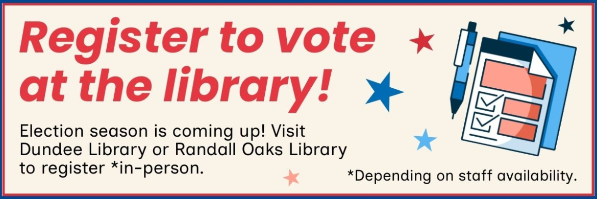 Register to vote at the library infographic with beige background and red and blue patriotic graphics.