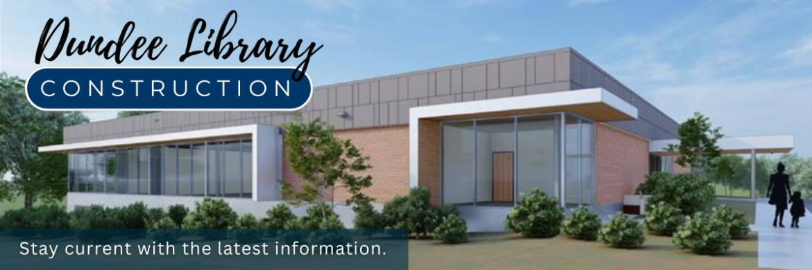 Dundee Library Construction with a rendering of the building with updated windows and landscape.