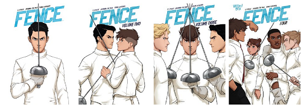 Collage of Fence book covers volumes 1-4
