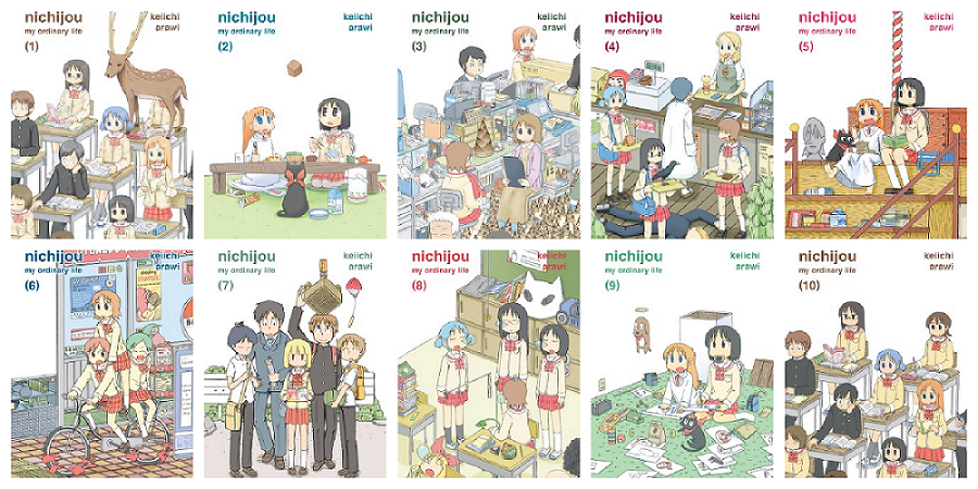 collage of Nichijou book covers volumes 1-10