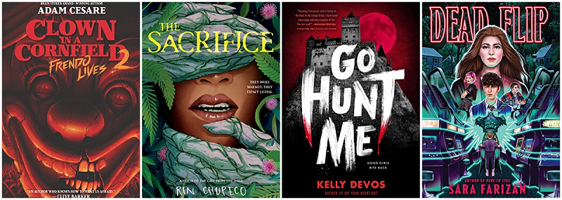 Collage of book covers: Clown in a Cornfield 2 Frendo Lives, The Sacrifice, Go Hunt Me, and Dead Flip