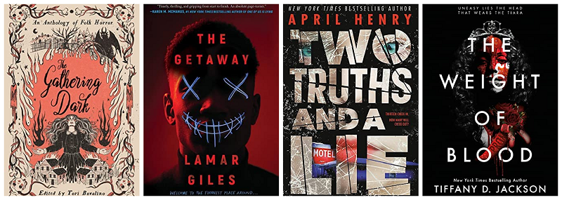 Collage of book covers: The Gathering Dark, The Getaway, Two Truths and a Lie, and The Weight of Blood