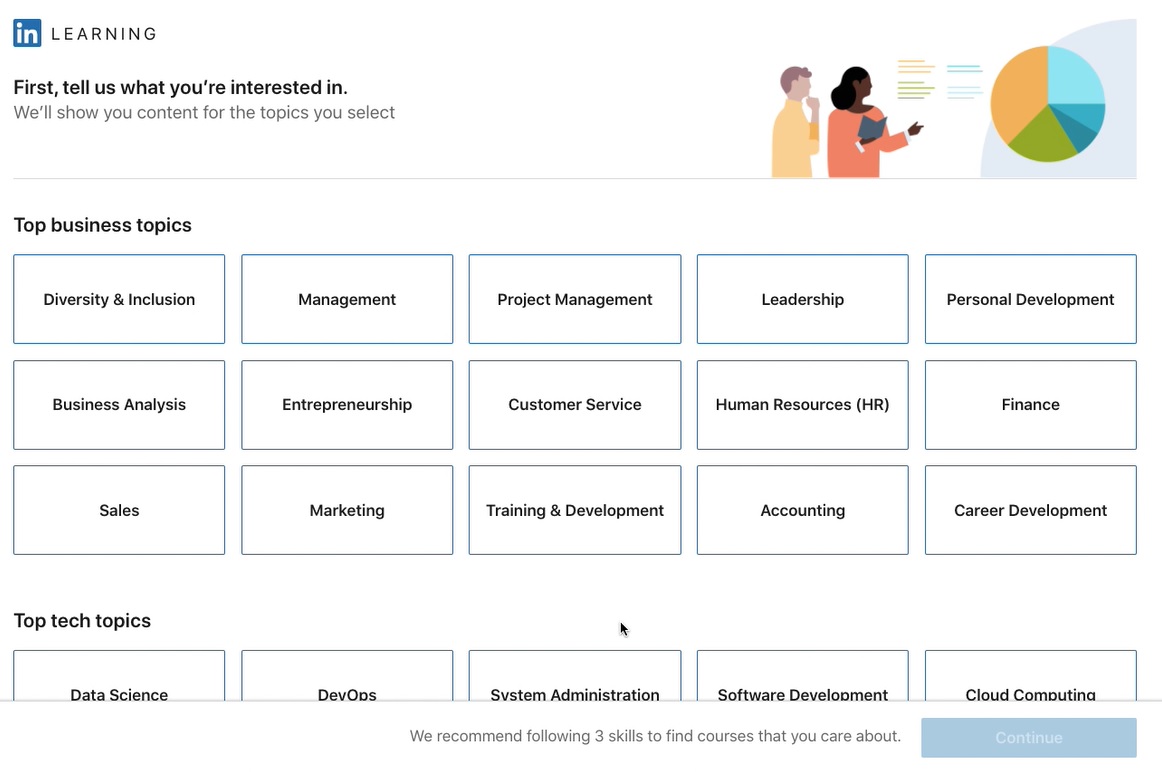 Choosing interested topics screen for LinkedIn Learning