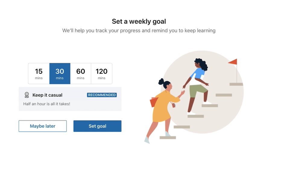 Weekly goal screen for LinkedIn Learning