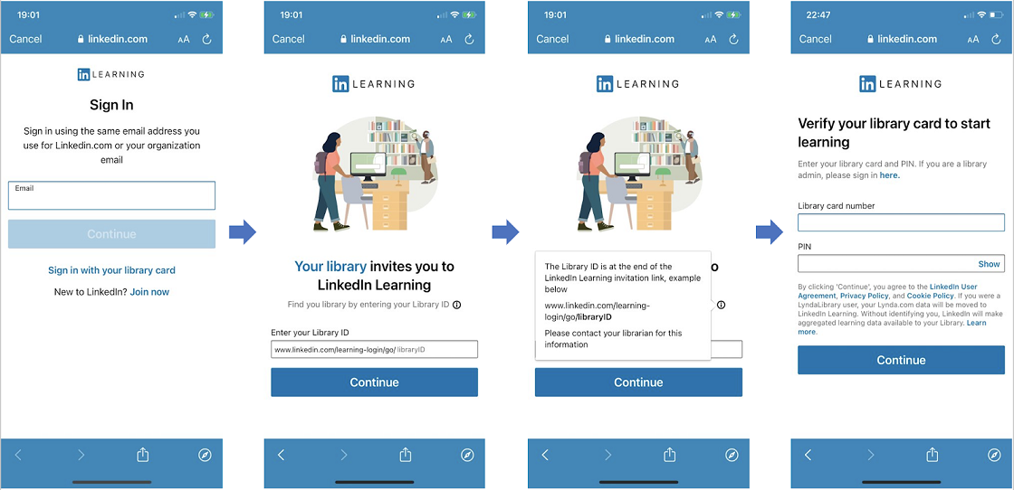 Screenshot of login steps for LinkedIn Learning app